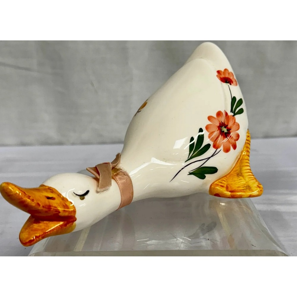 Artistic Gifts Inc Ceramic Duck Coin Bank Floral Bow Painted White Orange 8"